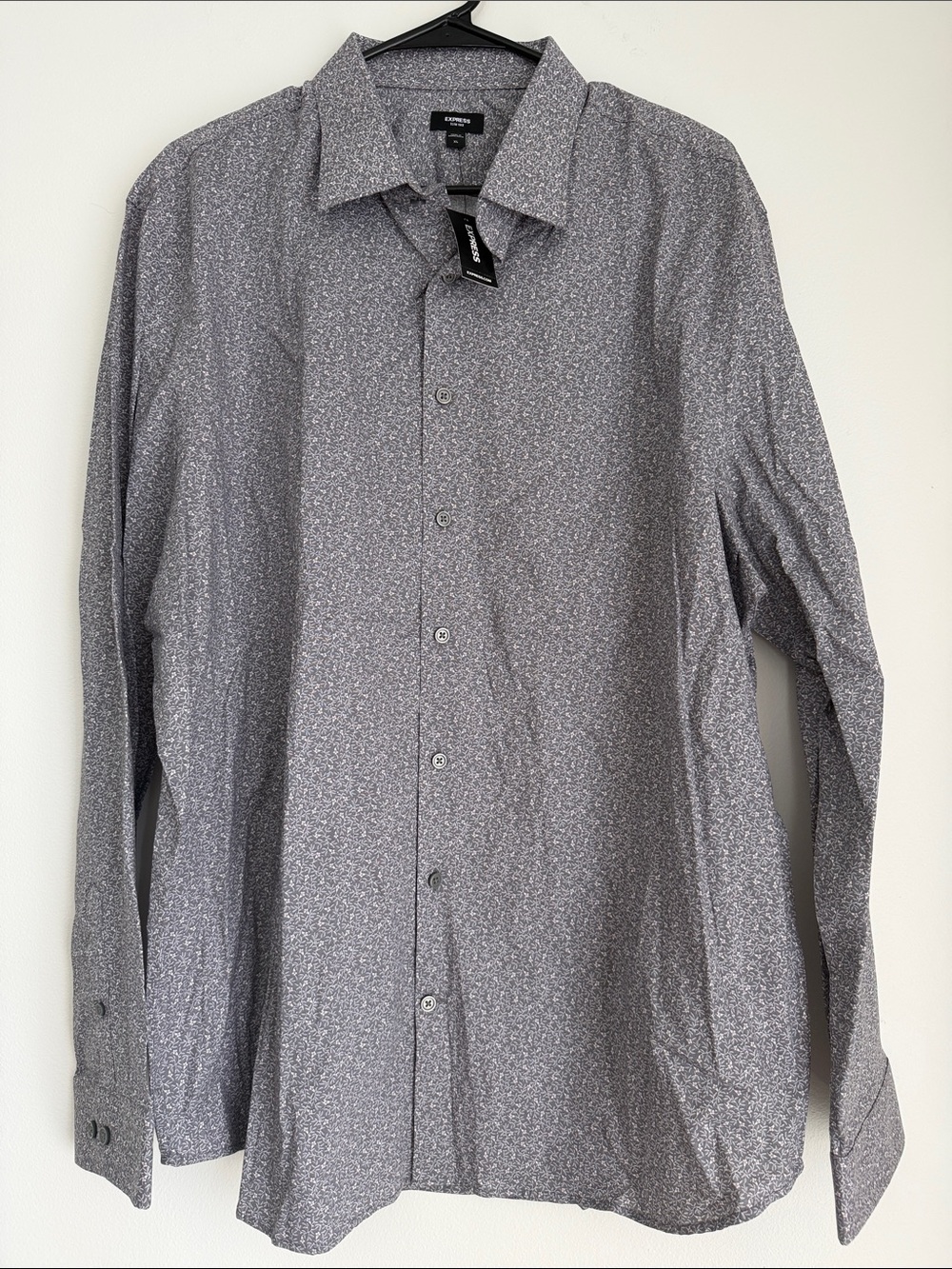 NWT Express Men’s Gray Micro-Print Dress Shirt, XL Slim
